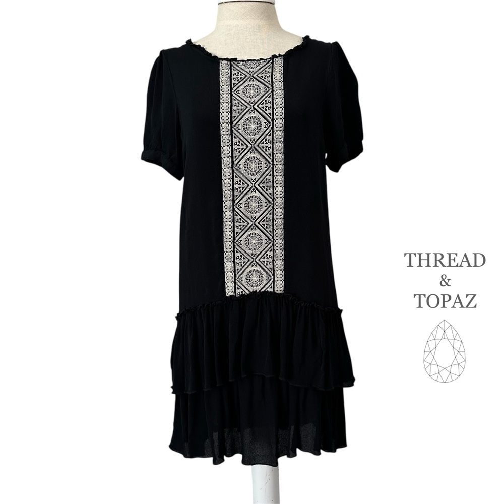 Willow & Clay Black Rayon Drop Waist Dress With Embroidery Ruffles Large